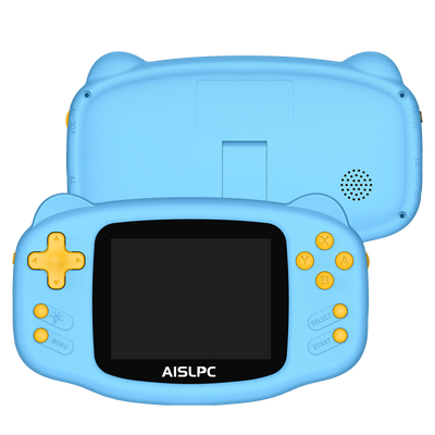 Blue K32B retro gaming handheld console shown from the front and back, featuring yellow buttons, rear speaker holes, a built-in stand, and AISLPC logo on the screen.