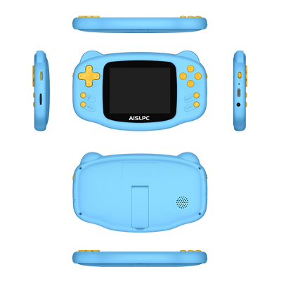 Blue K32B retro gaming handheld console shown in multiple product angles, including front, back, side, top, and bottom views, featuring yellow buttons, rear speaker holes, and AISLPC logo on the screen.