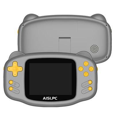 Gray K32B retro gaming handheld console front view with yellow buttons, a large display, and AISLPC logo below the screen.