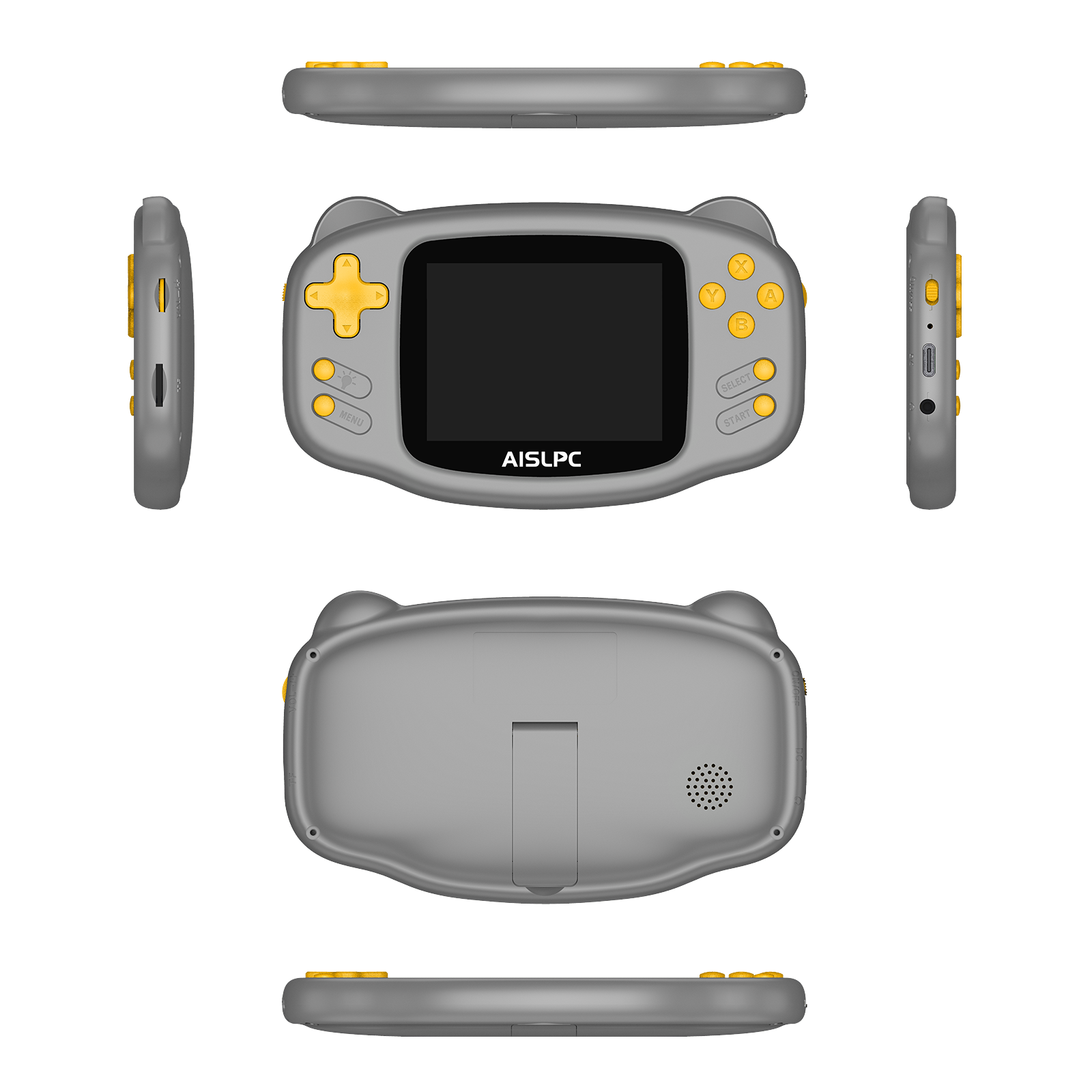 Gray K32B retro gaming handheld console multi-angle product view showing front, back, side, top, and bottom perspectives with yellow buttons and AISLPC branding.