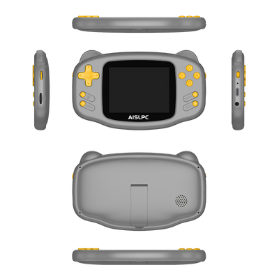 Gray K32B retro gaming handheld console multi-angle product view showing front, back, side, top, and bottom perspectives with yellow buttons and AISLPC branding.
