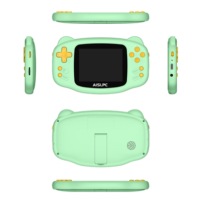 Green K32B retro gaming handheld console shown in multiple product angles, including front, back, side, top, and bottom views, featuring yellow buttons, rear speaker holes, and AISLPC logo on the screen.