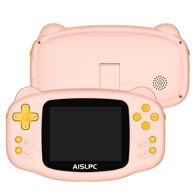 Pink K32B retro gaming handheld console front and back view product image with yellow buttons, black screen bezel, and AISLPC branding.