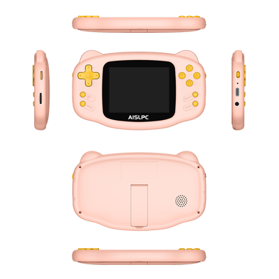 Pink K32B retro gaming handheld console multi-angle product view showing front, back, side, top, and bottom perspectives with yellow buttons and AISLPC branding.