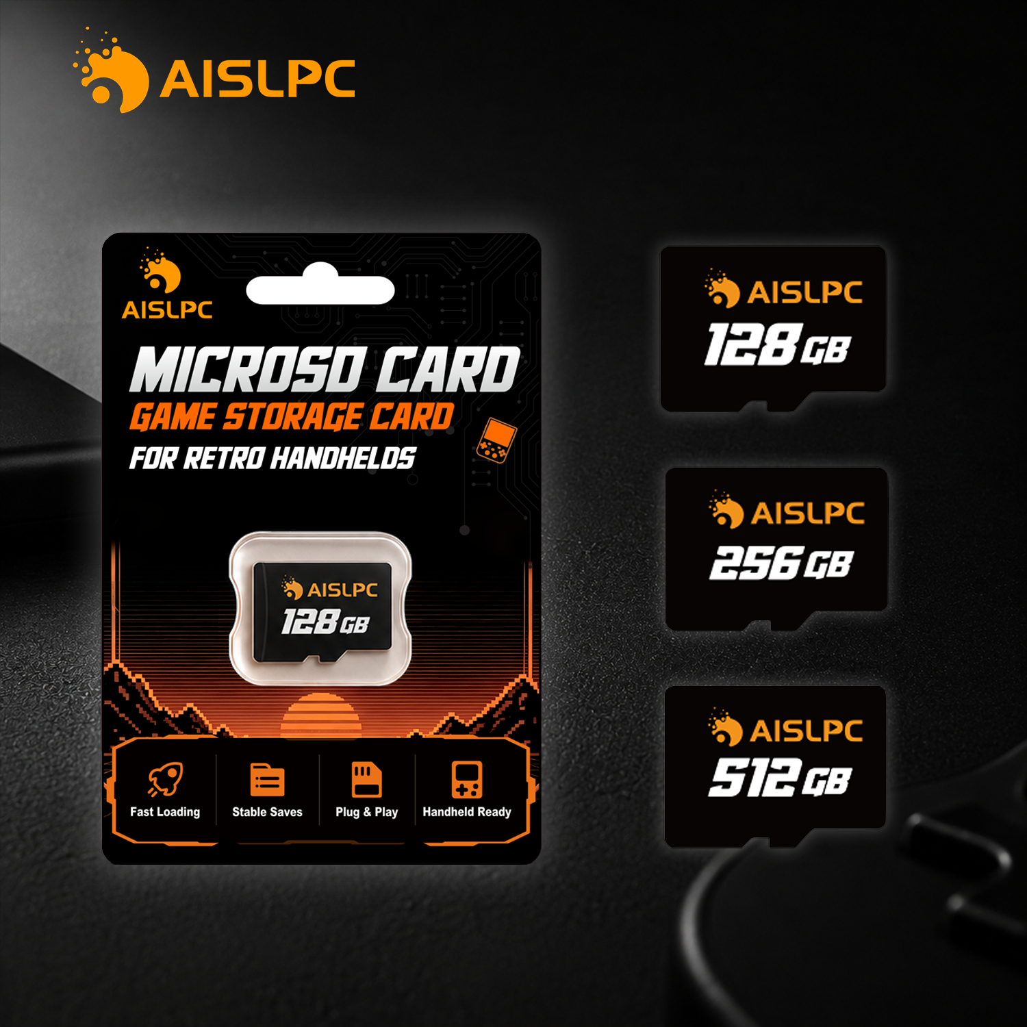 AISLPC microSD game storage card accessory showing 128GB, 256GB, and 512GB capacity options for retro handheld consoles.