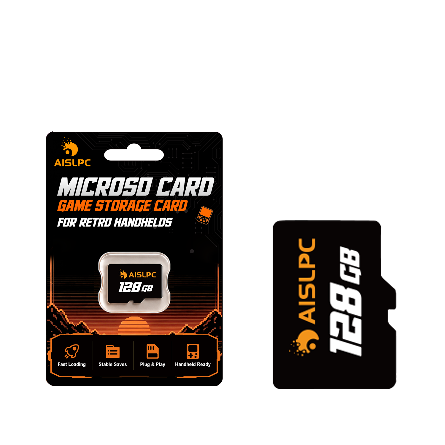 AISLPC 128GB microSD game storage card displayed with retail packaging for retro handheld game consoles.