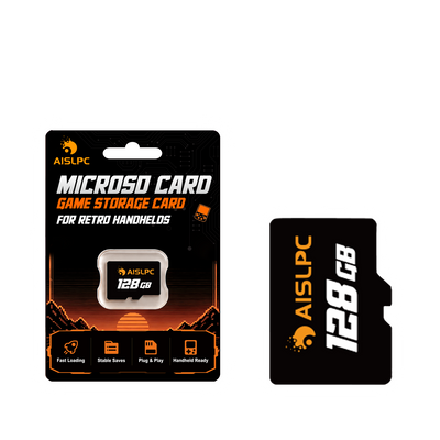 AISLPC 128GB microSD game storage card displayed with retail packaging for retro handheld game consoles.