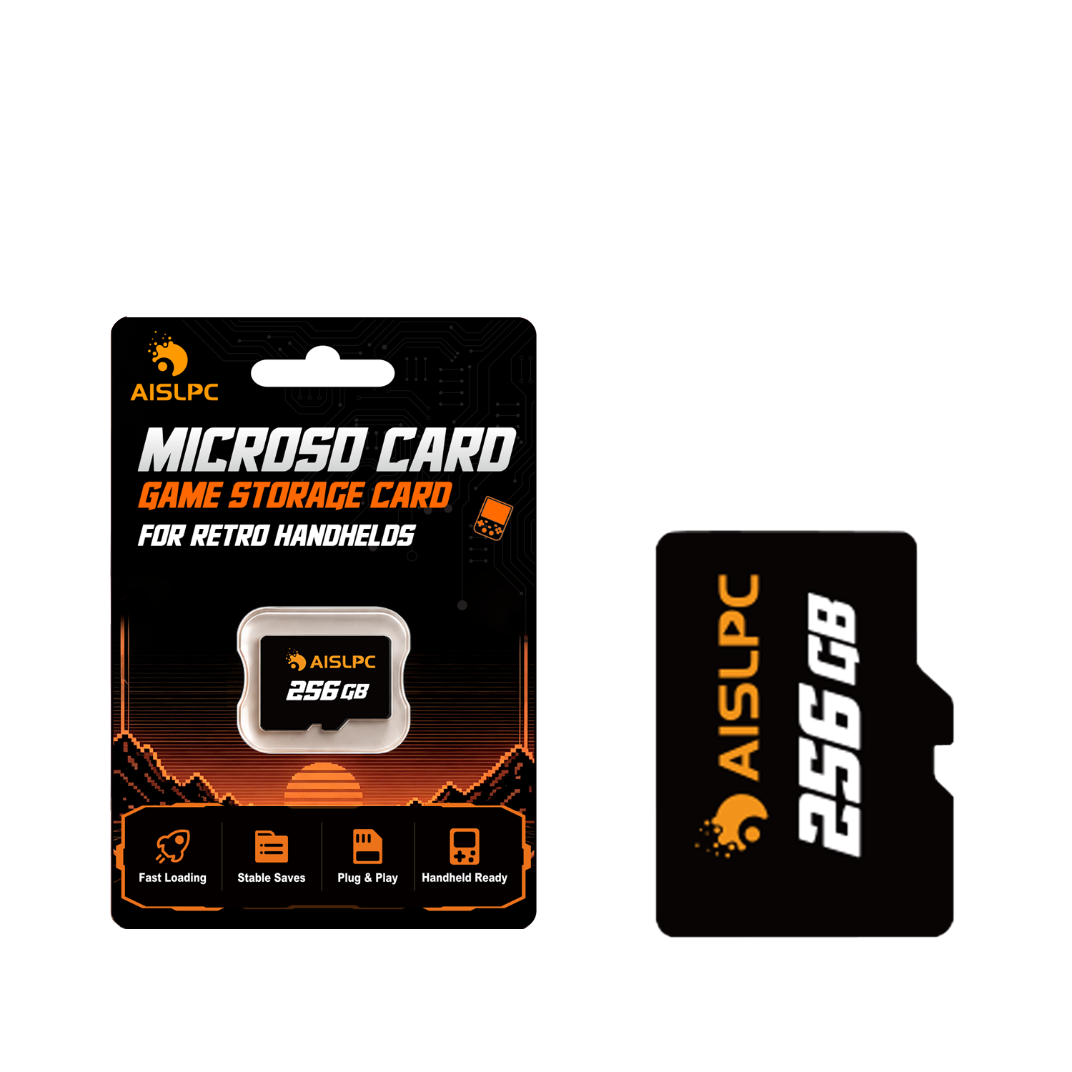 AISLPC 256GB microSD game storage card package and memory card displayed on a transparent background for retro handheld accessories.