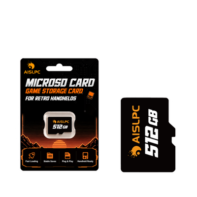 AISLPC 512GB microSD game storage card package and memory card displayed on a transparent background for retro handheld accessories.