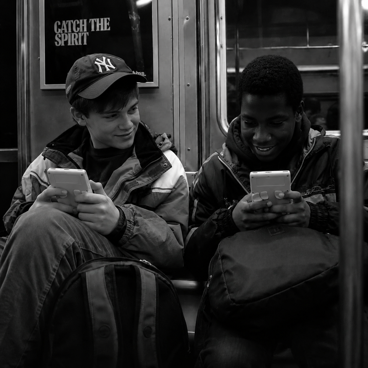 Black-and-white Our Story image showing two friends playing handheld games on a subway, representing the community spirit behind AISLPC retro gaming.