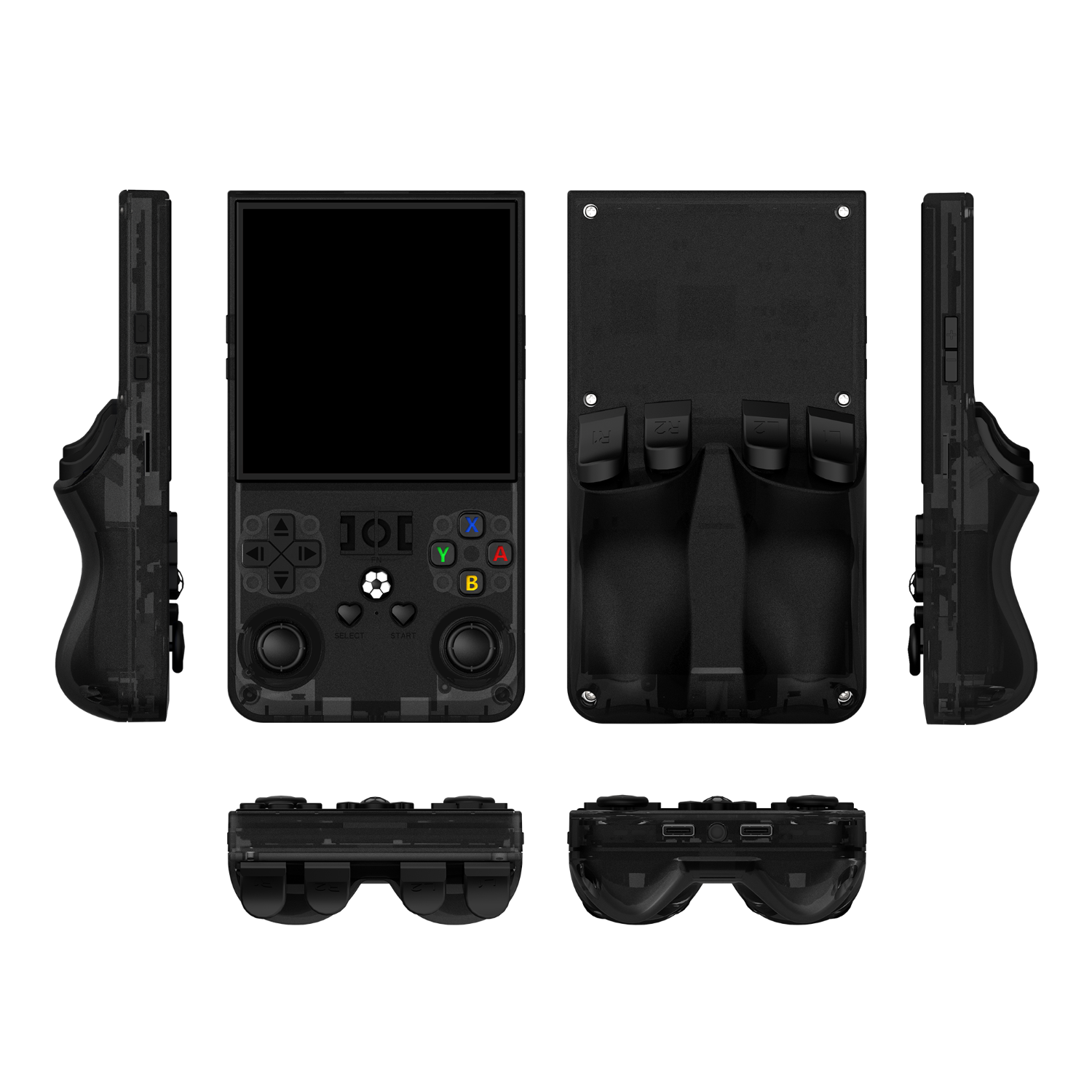 Black R36 MAX retro gaming handheld console shown in multiple product angles, including front, back, side, top, and bottom views, with a transparent shell and dual joysticks.