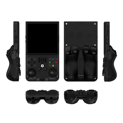 Black R36 MAX retro gaming handheld console shown in multiple product angles, including front, back, side, top, and bottom views, with a transparent shell and dual joysticks.