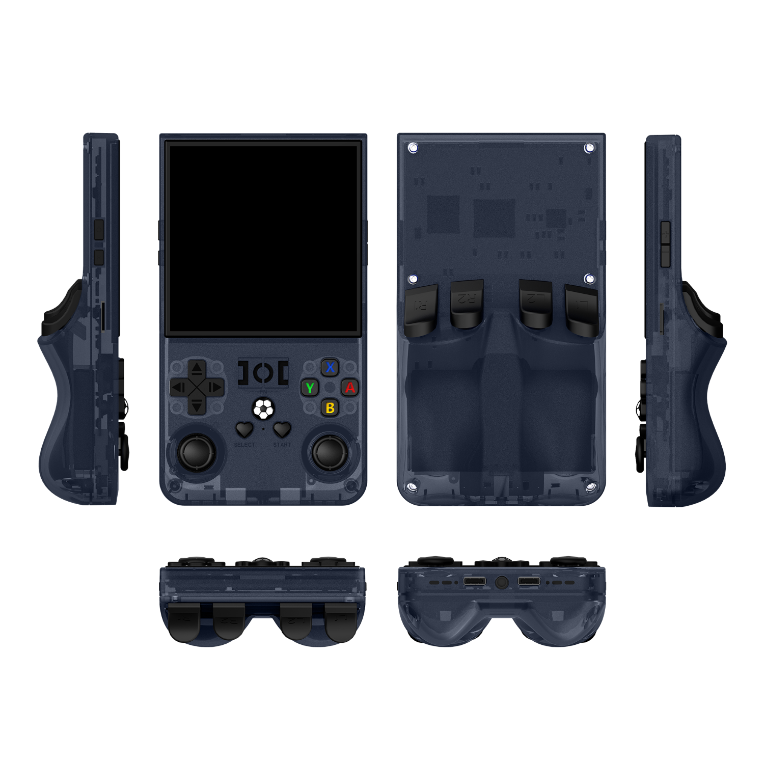 Gray R36 MAX retro gaming handheld console shown in multiple product angles, including front, back, side, top, and bottom views, featuring a transparent shell, dual joysticks, and an ergonomic rear grip design.