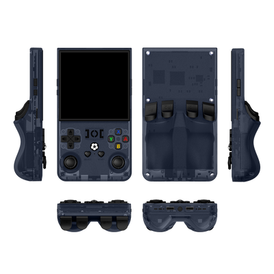 Gray R36 MAX retro gaming handheld console shown in multiple product angles, including front, back, side, top, and bottom views, featuring a transparent shell, dual joysticks, and an ergonomic rear grip design.