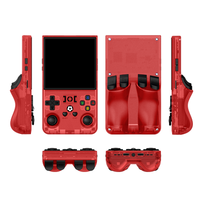 Red R36 MAX retro gaming handheld console shown in multiple product angles, including front, back, side, top, and bottom views, featuring a transparent shell, dual joysticks, and an ergonomic rear grip design.
