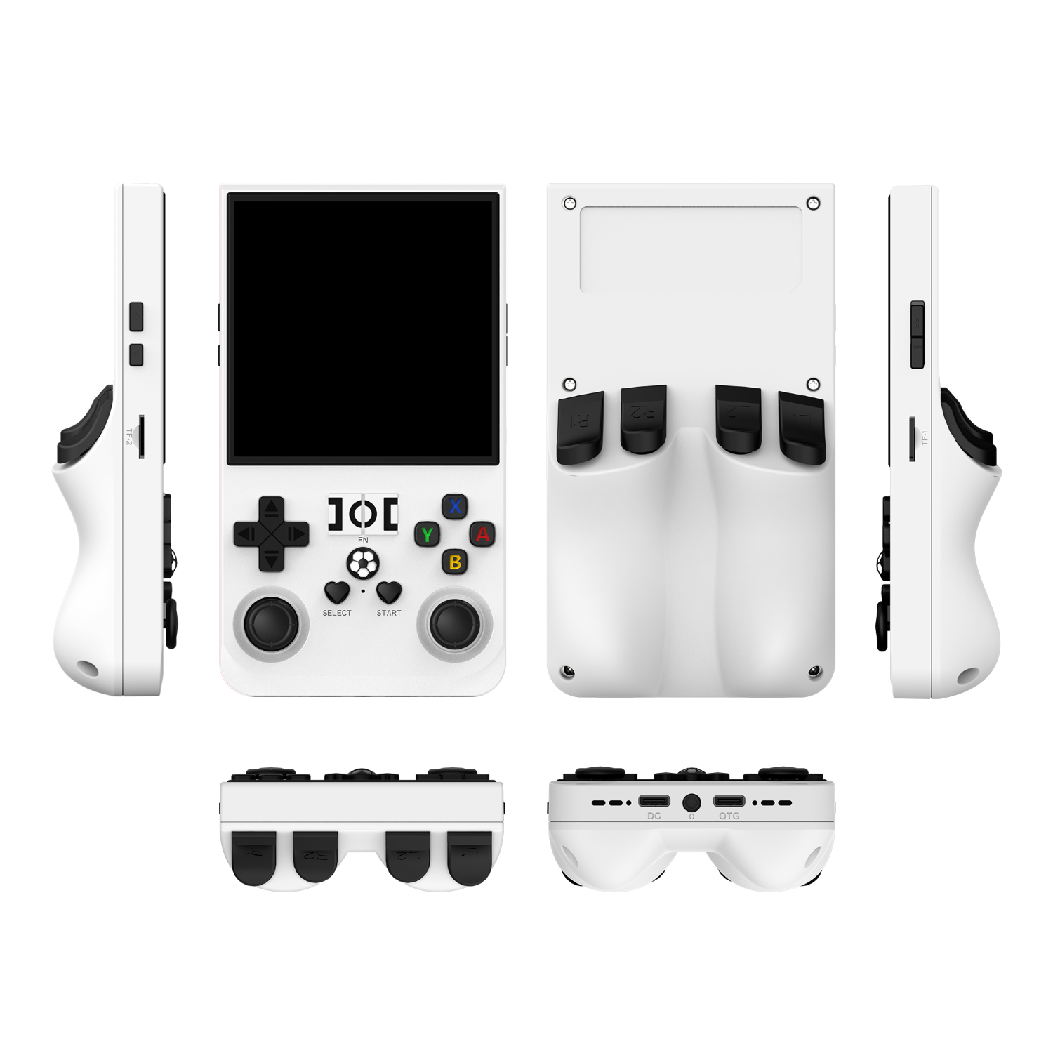 White R36 MAX retro gaming handheld console shown in multiple product angles, including front, back, side, top, and bottom views, featuring dual joysticks and an ergonomic rear grip design.