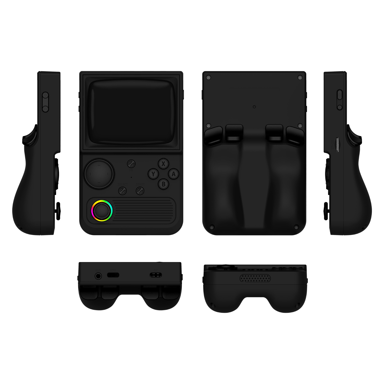 Black R36T retro gaming handheld console shown in multiple product angles, including front, back, side, top, and bottom views, featuring an RGB joystick and ergonomic rear grip design.