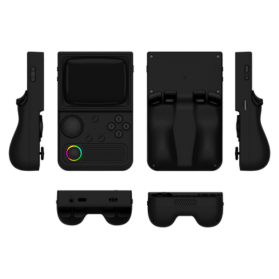 Black R36T retro gaming handheld console shown in multiple product angles, including front, back, side, top, and bottom views, featuring an RGB joystick and ergonomic rear grip design.