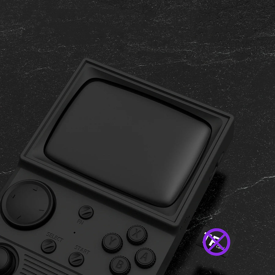 Close-up of a black R36T retro gaming handheld console showing the screen, buttons, and a no Wi-Fi icon on a dark textured background.