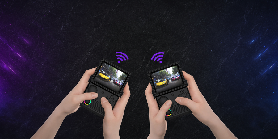 Two players holding black R36T retro gaming handheld consoles with wireless connection icons, showing multiplayer racing gameplay on a dark textured background.