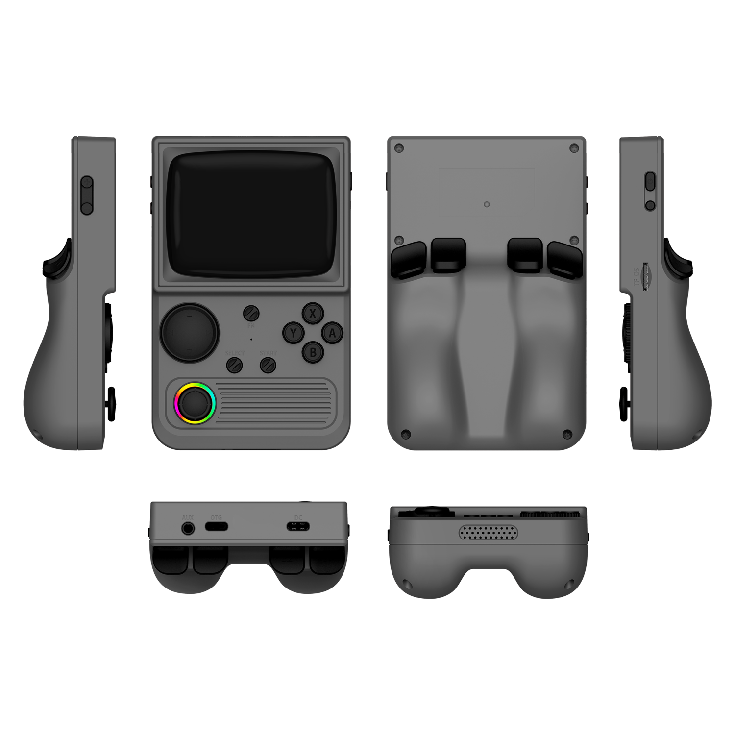 Gray R36T retro gaming handheld console shown in multiple product angles, including front, back, side, top, and bottom views, featuring an RGB joystick and ergonomic rear grip design.