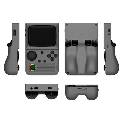 Gray R36T retro gaming handheld console shown in multiple product angles, including front, back, side, top, and bottom views, featuring an RGB joystick and ergonomic rear grip design.