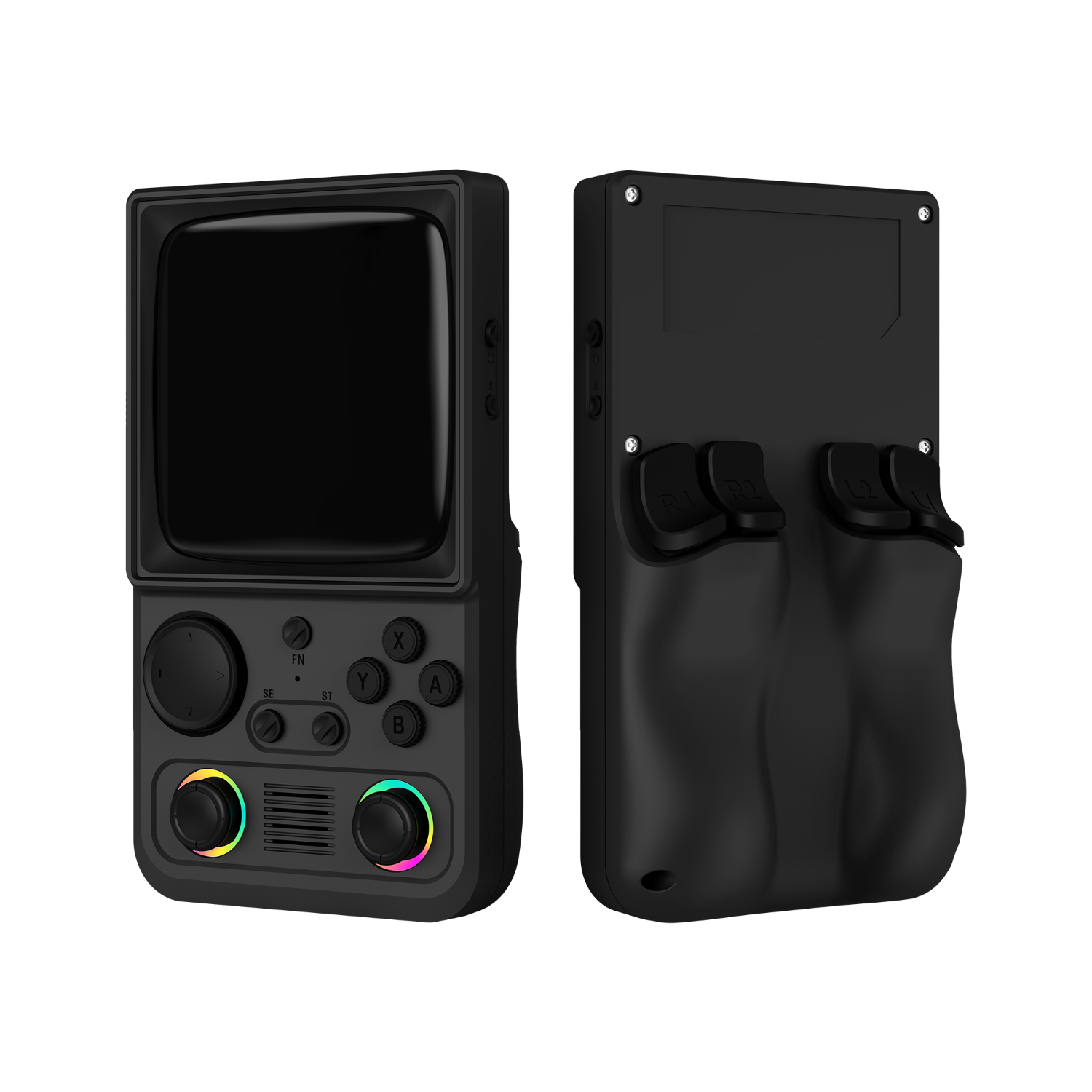 Black R36T MAX retro gaming handheld console shown from the front and back, featuring dual RGB joysticks, shoulder buttons, and an ergonomic rear grip design.