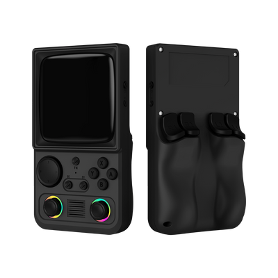 Black R36T MAX retro gaming handheld console shown from the front and back, featuring dual RGB joysticks, shoulder buttons, and an ergonomic rear grip design.