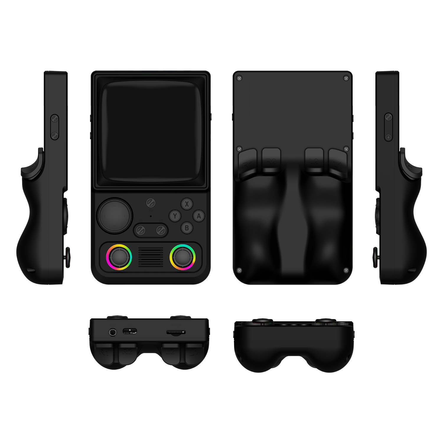 Black R36T MAX retro gaming handheld console shown in multiple product angles, including front, back, side, top, and bottom views, featuring dual RGB joysticks and an ergonomic rear grip design.