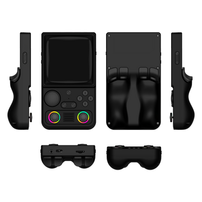 Black R36T MAX retro gaming handheld console shown in multiple product angles, including front, back, side, top, and bottom views, featuring dual RGB joysticks and an ergonomic rear grip design.