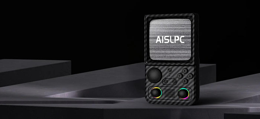 Black R36T MAX retro gaming handheld console with dual RGB joysticks and AISLPC logo on the screen, displayed in a dark product banner.