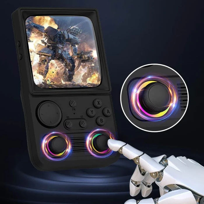 Black R36T MAX retro gaming handheld console with dual RGB joysticks, showing an action game on the screen and a robotic hand highlighting the illuminated joystick control.