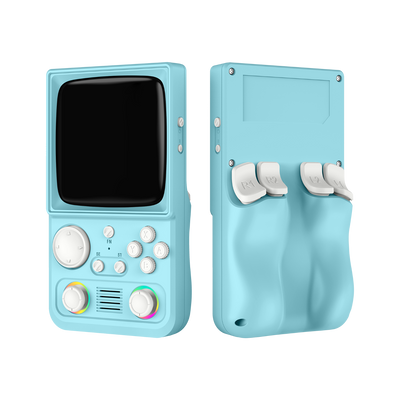 Blue R36T MAX retro gaming handheld console shown from the front and back, featuring dual RGB joysticks, white buttons, shoulder buttons, and an ergonomic rear grip design.