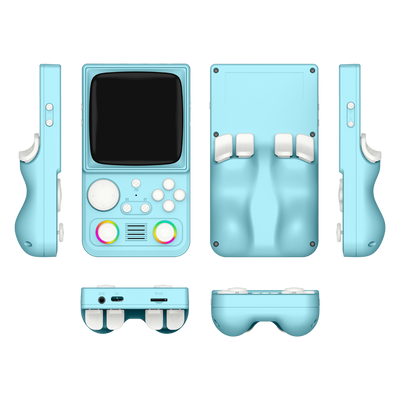 Blue R36T MAX retro gaming handheld console shown in multiple product angles, including front, back, side, top, and bottom views, featuring dual RGB joysticks, white buttons, and an ergonomic rear grip design.