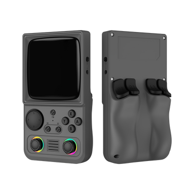 Gray R36T MAX retro gaming handheld console shown from the front and back, featuring dual RGB joysticks, shoulder buttons, and an ergonomic rear grip design.