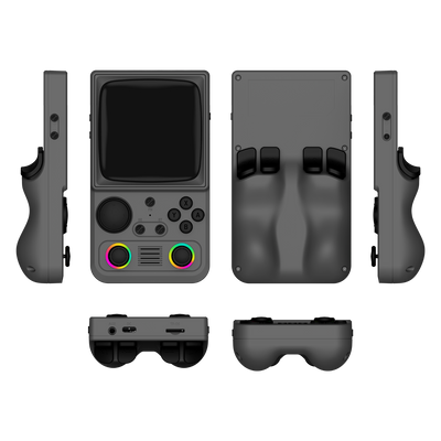 Gray R36T MAX retro gaming handheld console shown in multiple product angles, including front, back, side, top, and bottom views, featuring dual RGB joysticks and an ergonomic rear grip design.