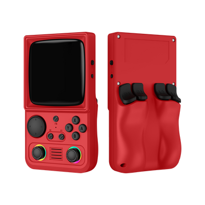 Red R36T MAX retro gaming handheld console shown from the front and back, featuring dual RGB joysticks, shoulder buttons, and an ergonomic rear grip design.