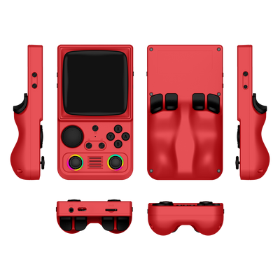 Red R36T MAX retro gaming handheld console shown in multiple product angles, including front, back, side, top, and bottom views, featuring dual RGB joysticks and an ergonomic rear grip design.