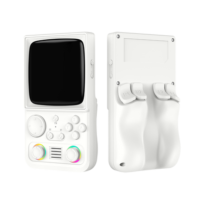 White R36T MAX retro gaming handheld console shown from the front and back, featuring dual RGB joysticks, shoulder buttons, and an ergonomic rear grip design.