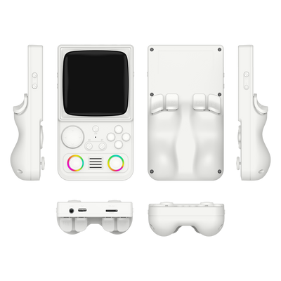 White R36T MAX retro gaming handheld console shown in multiple product angles, including front, back, side, top, and bottom views, featuring dual RGB joysticks and an ergonomic rear grip design.