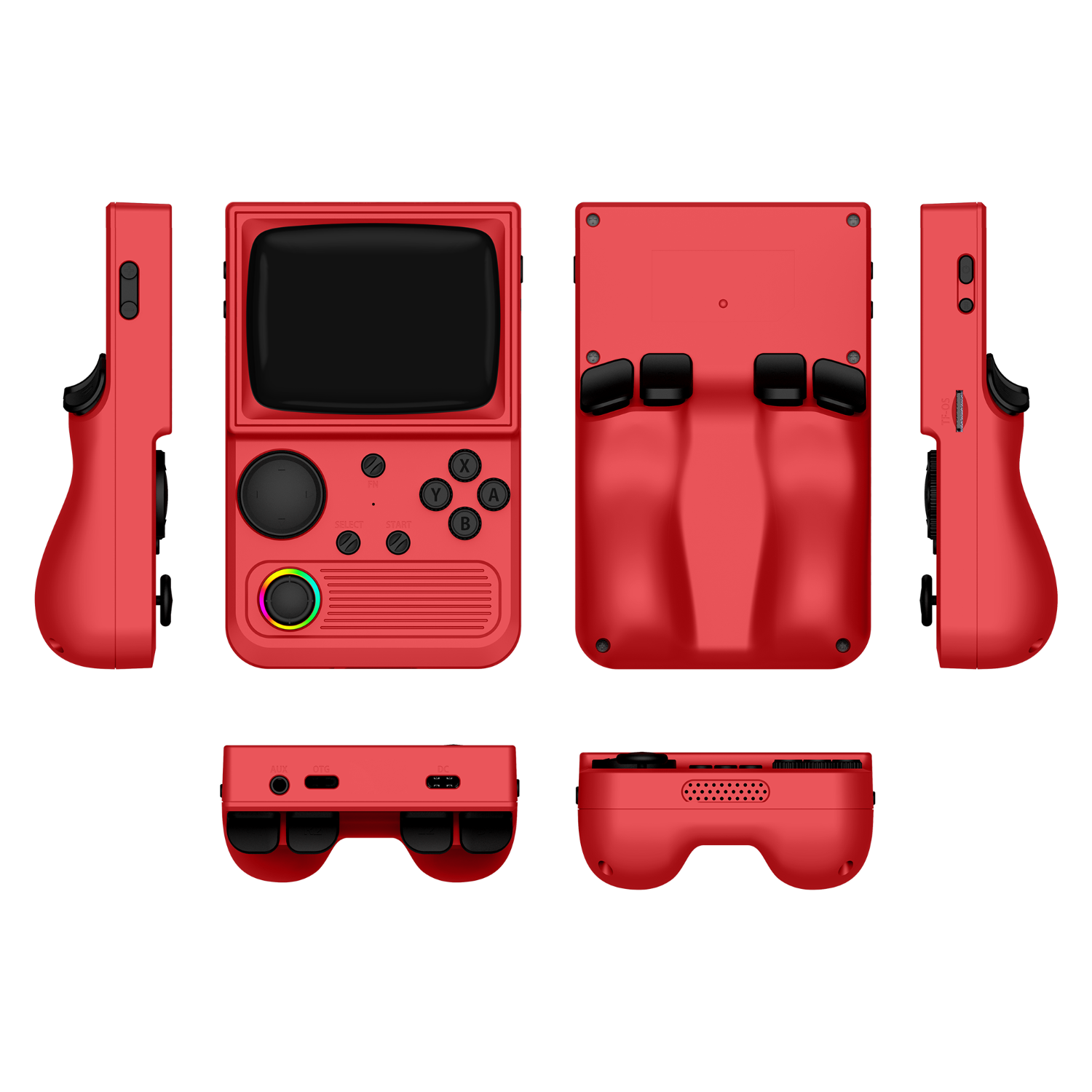 Red R36T retro gaming handheld console shown in multiple product angles, including front, back, side, top, and bottom views, featuring an RGB joystick and ergonomic rear grip design.