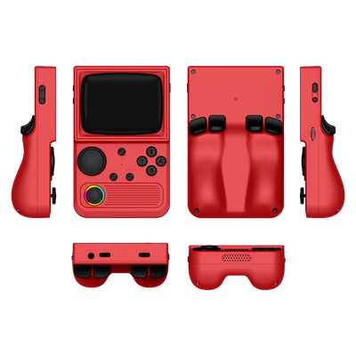 Red R36T retro gaming handheld console shown in multiple product angles, including front, back, side, top, and bottom views, featuring an RGB joystick and ergonomic rear grip design.