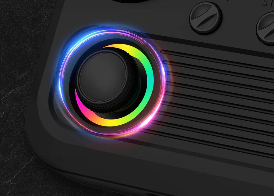 Close-up of the RGB joystick on a black R36T Wi-Fi retro gaming handheld console, highlighting the colorful illuminated control design.