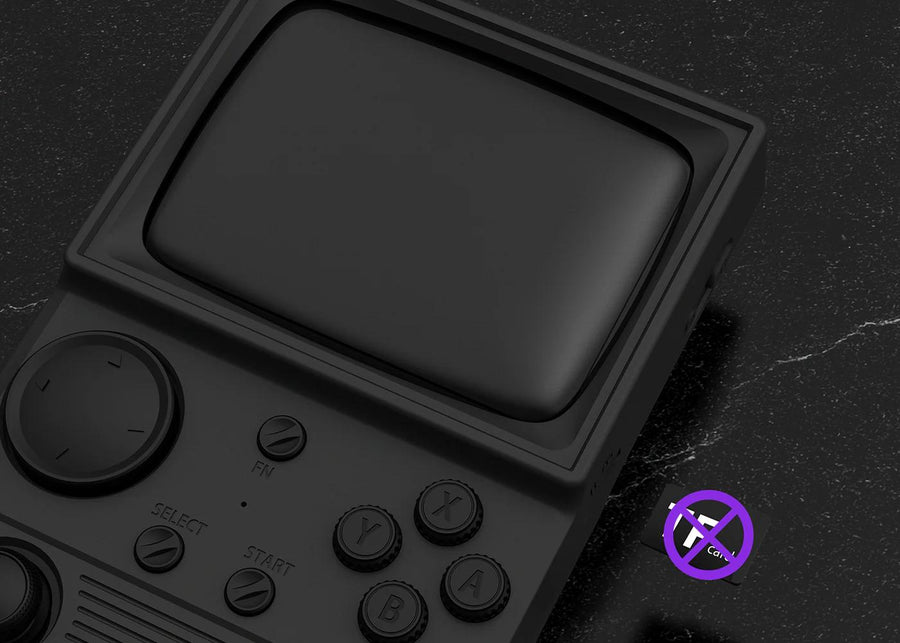 Close-up of a black R36T WiFi retro gaming handheld console showing the screen, buttons, and a purple crossed WiFi connectivity icon on a dark textured background.