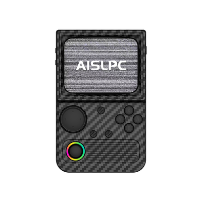 Carbon black R36T WiFi retro gaming handheld console front view with carbon fiber texture, black buttons, RGB joystick, and AISLPC logo on the screen.