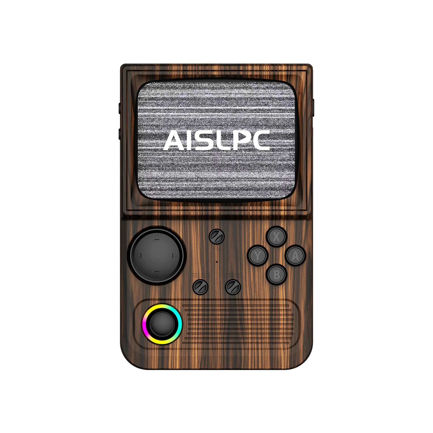 Coffee brown R36T WiFi retro gaming handheld console front view with wood grain texture, black buttons, RGB joystick, and AISLPC logo on the screen.