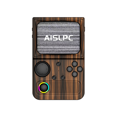 Coffee brown R36T WiFi retro gaming handheld console front view with wood grain texture, black buttons, RGB joystick, and AISLPC logo on the screen.