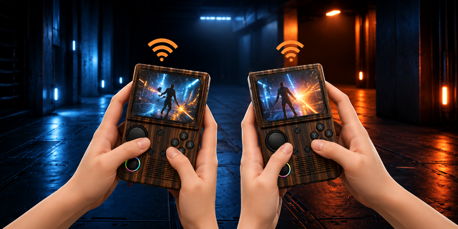 Two players holding coffee brown R36T WiFi retro gaming handheld consoles with wireless connection icons, showing multiplayer action gameplay in a neon sci-fi corridor.