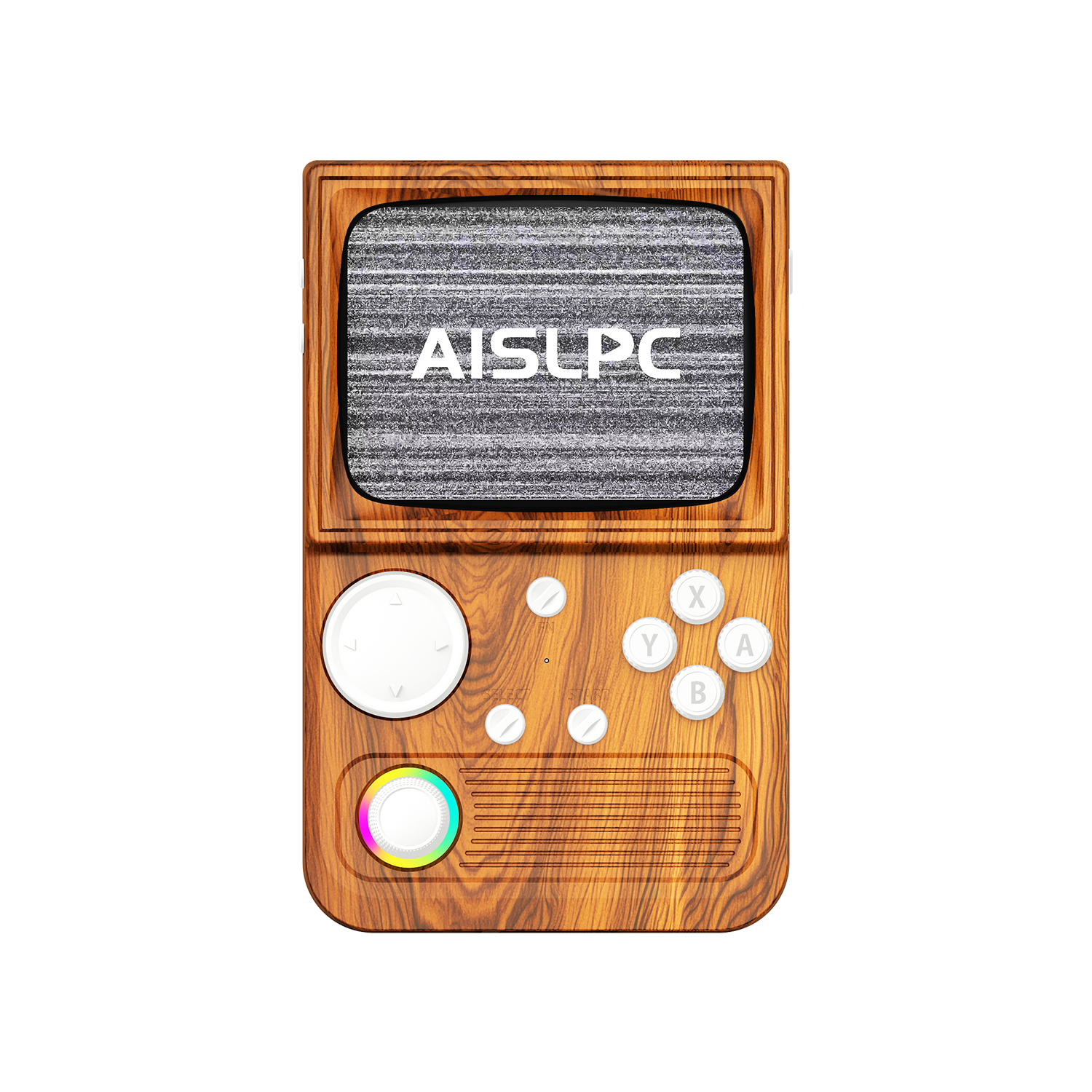 Wood brown R36T WiFi retro gaming handheld console front view with wood grain texture, white buttons, RGB joystick, and AISLPC logo on the screen.