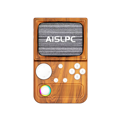 Wood brown R36T WiFi retro gaming handheld console front view with wood grain texture, white buttons, RGB joystick, and AISLPC logo on the screen.